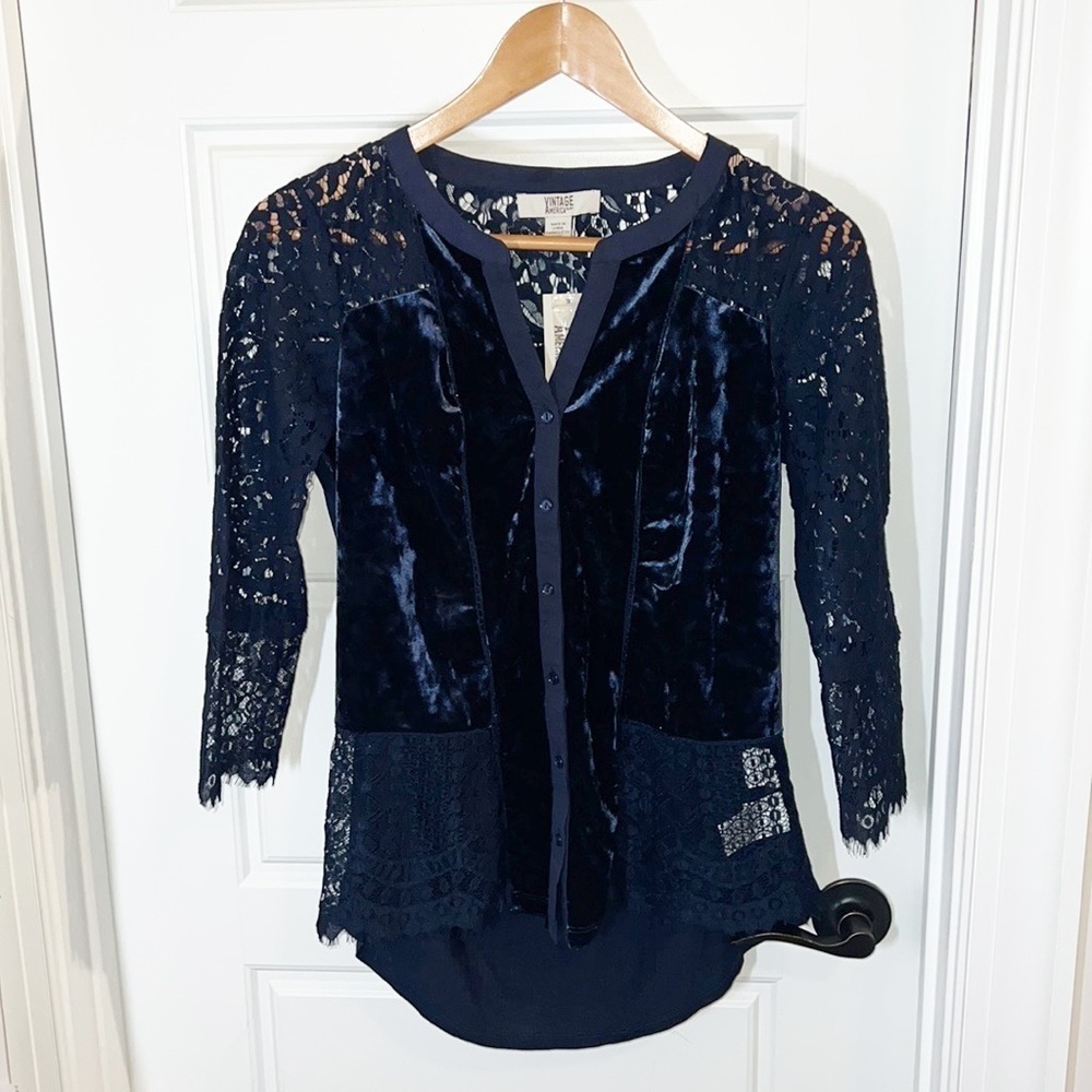 Vintage American Sheer Velvet Navy Blouse Size Small